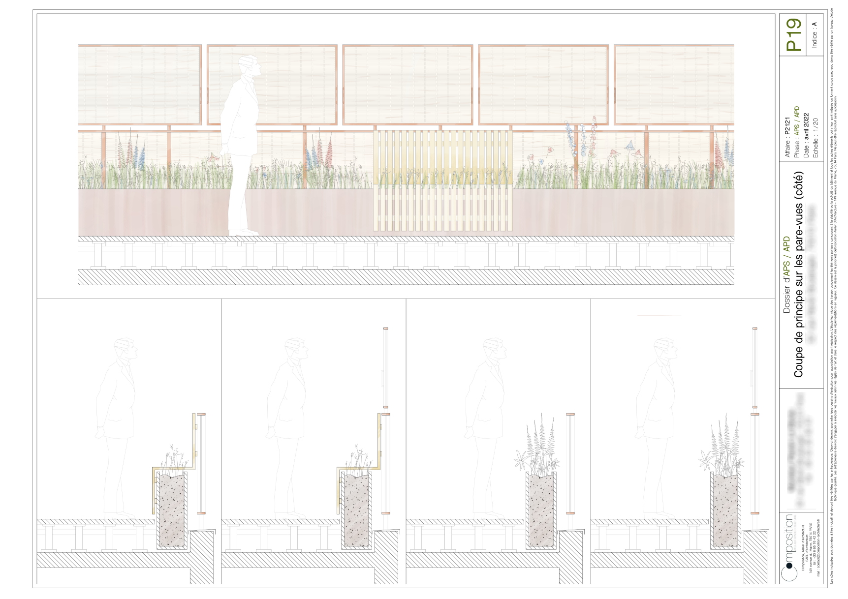 Détail coloré des pare-vues du projet de terrasse d'un appartement à Paris 10