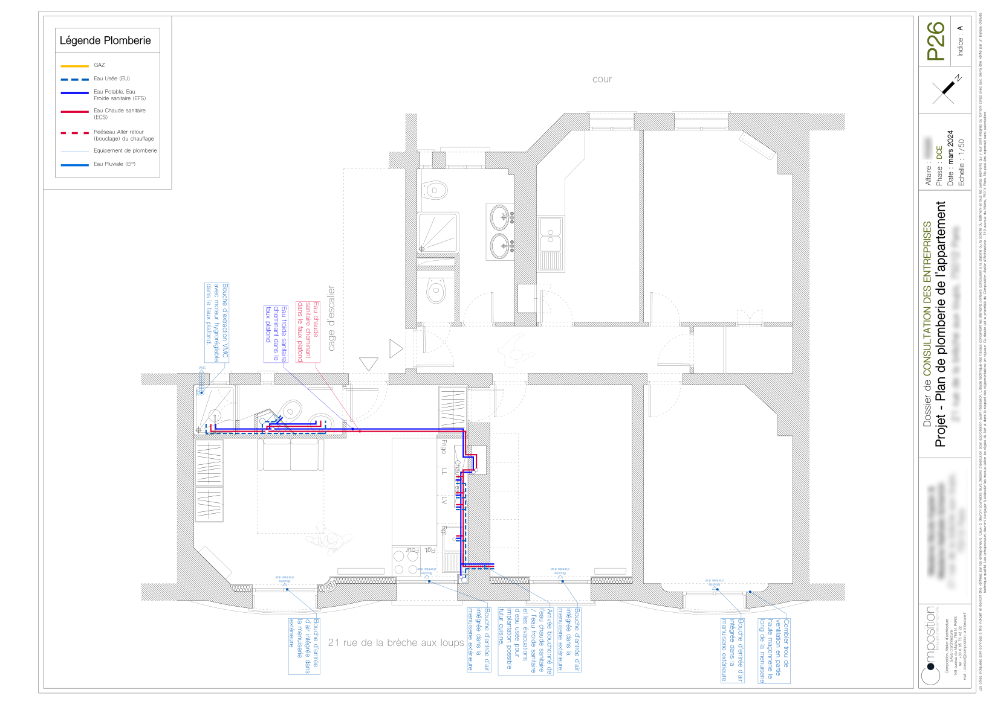 Plan de plomberie de l'appartement dans son état projeté.